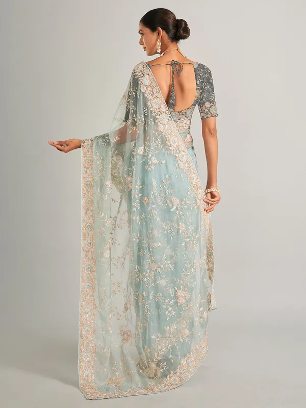 Sky blue saree in organzza silk