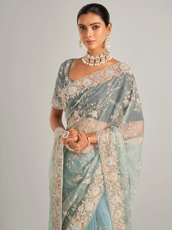 Sky blue saree in organzza silk