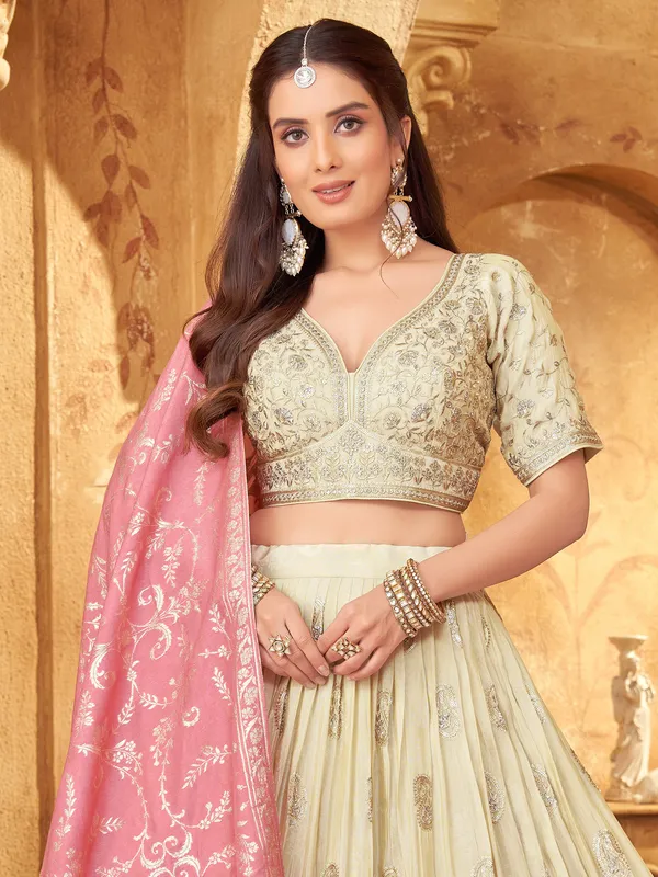 Glamour and grace beige lehenga choli in silk with dupatta