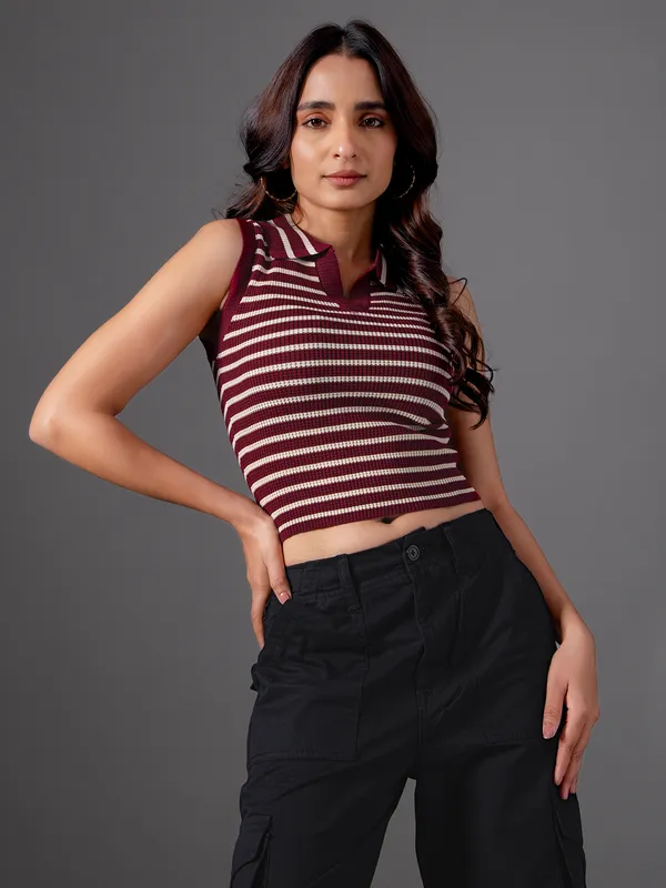 GLOBAL REPUBLIC wine stripe knitted top