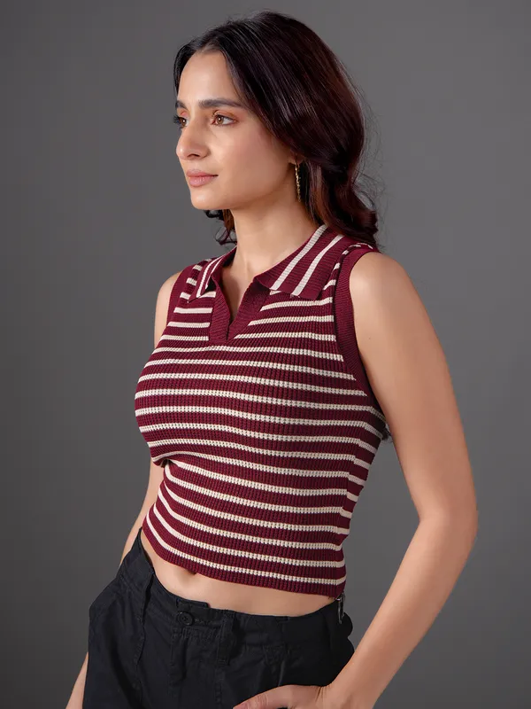 GLOBAL REPUBLIC wine stripe knitted top