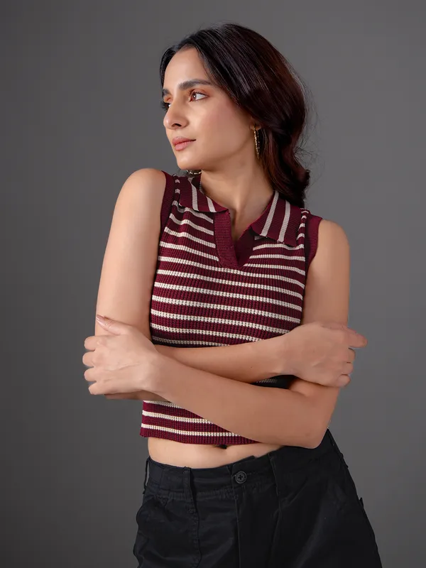 GLOBAL REPUBLIC wine stripe knitted top