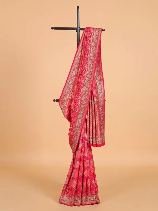 Glorious pinkish red silk saree with unstitched blouse