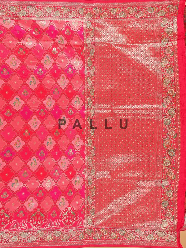 Glorious pinkish red silk saree with unstitched blouse