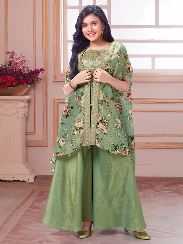 Glorious pista green palazzo silk salwar suit with shrug
