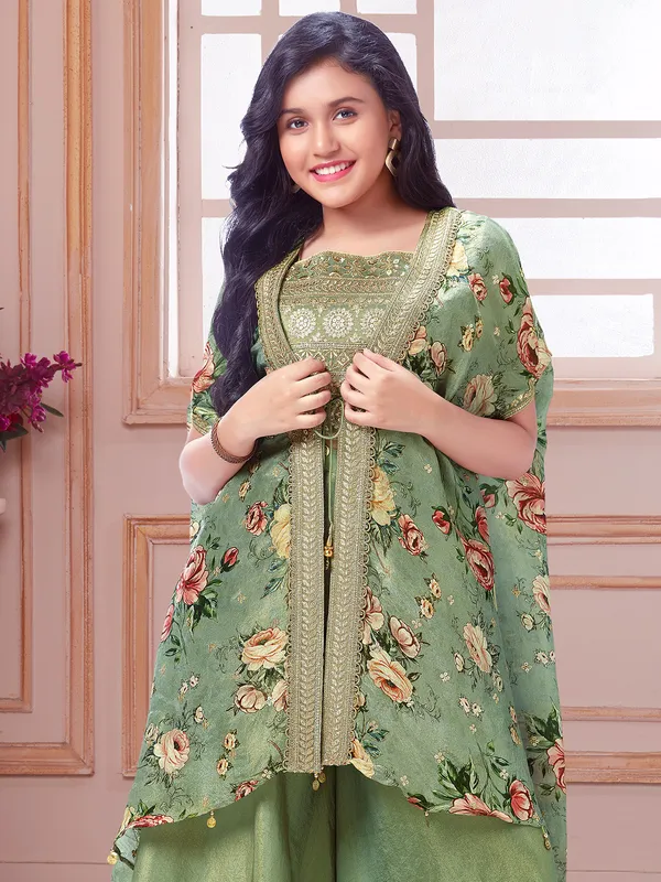 Glorious pista green palazzo silk salwar suit with shrug