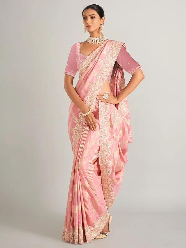 Glowing light pink zari worked saree in silk
