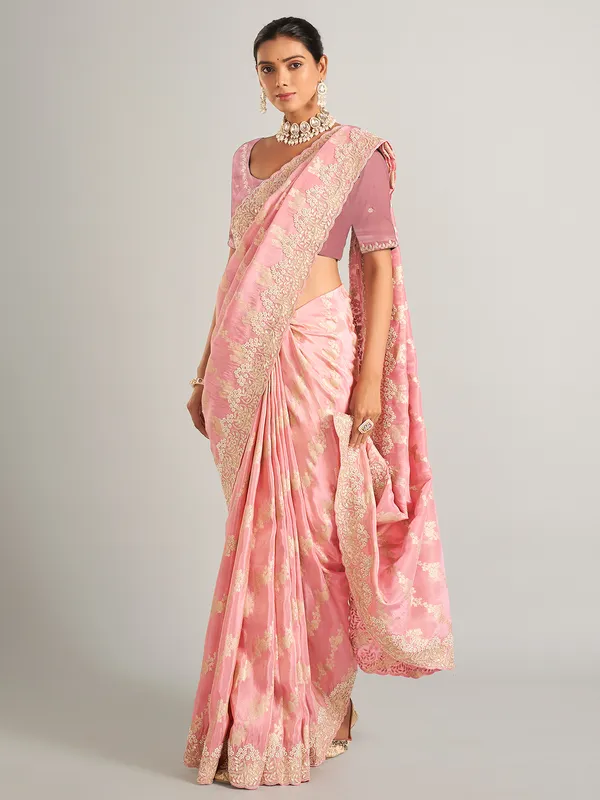 Glowing light pink zari worked saree in silk