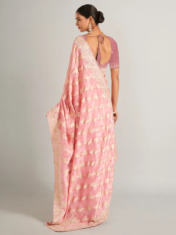 Glowing light pink zari worked saree in silk