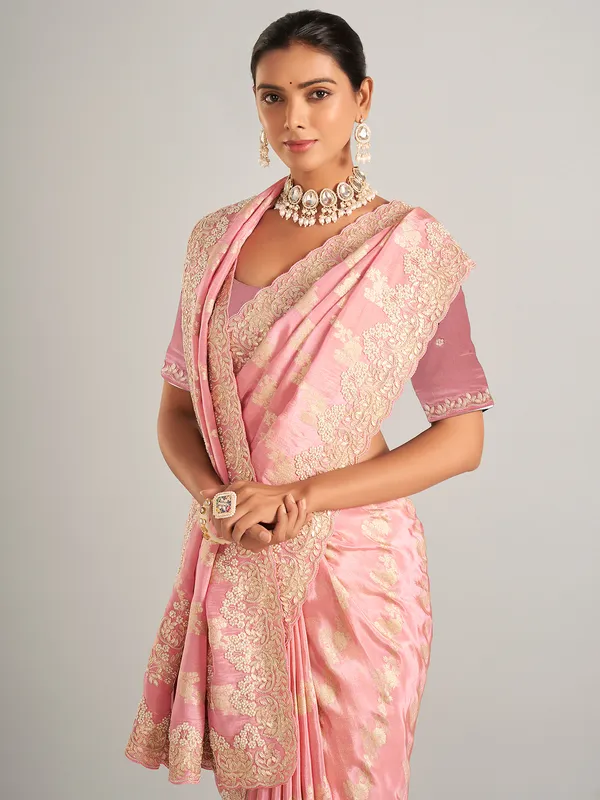Glowing light pink zari worked saree in silk