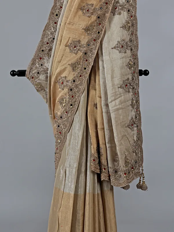 Gold and beige silk diamond work saree