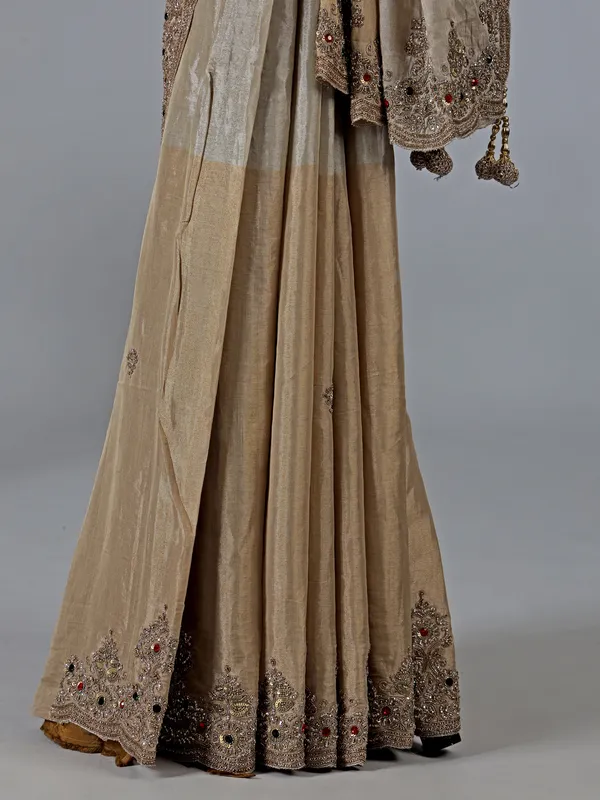 Gold and beige silk diamond work saree