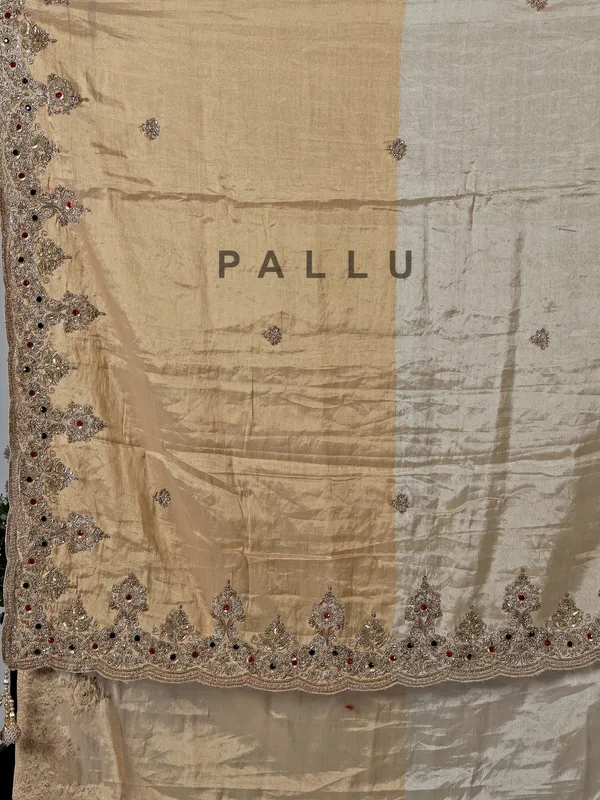 Gold and beige silk diamond work saree