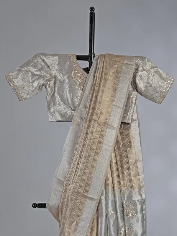 Gold and grey organza saree with ready made blouse
