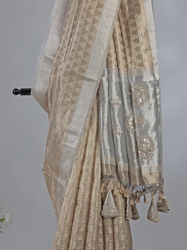 Gold and grey organza saree with ready made blouse