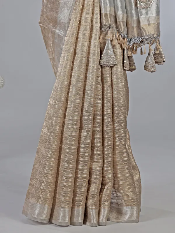 Gold and grey organza saree with ready made blouse