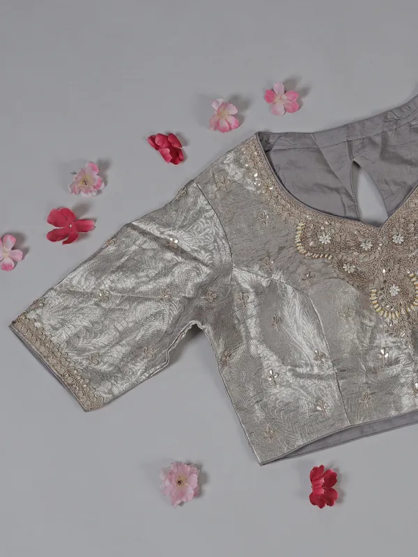Gold and grey organza saree with ready made blouse