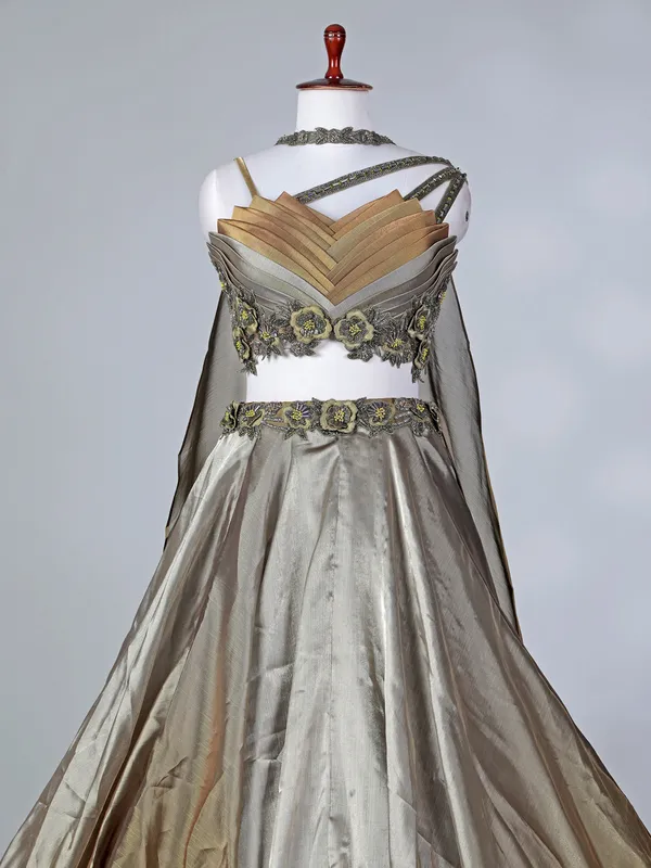 Gold and grey tissue silk lehenga choli