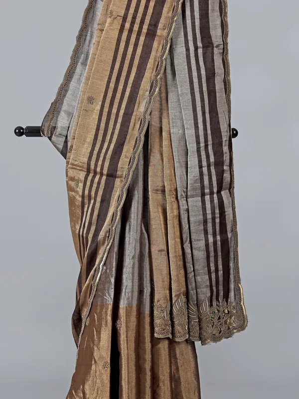 Gold and grey tissue silk saree for wedding