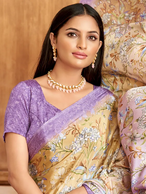 Gold crepe saree with purple border