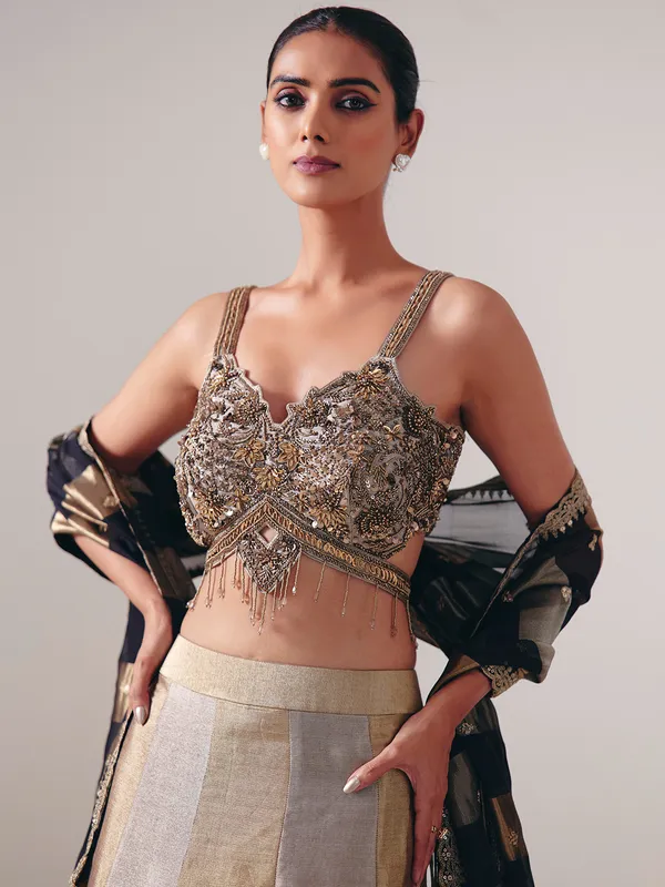Gold and silver silk designer lehenga choli with dupatta
