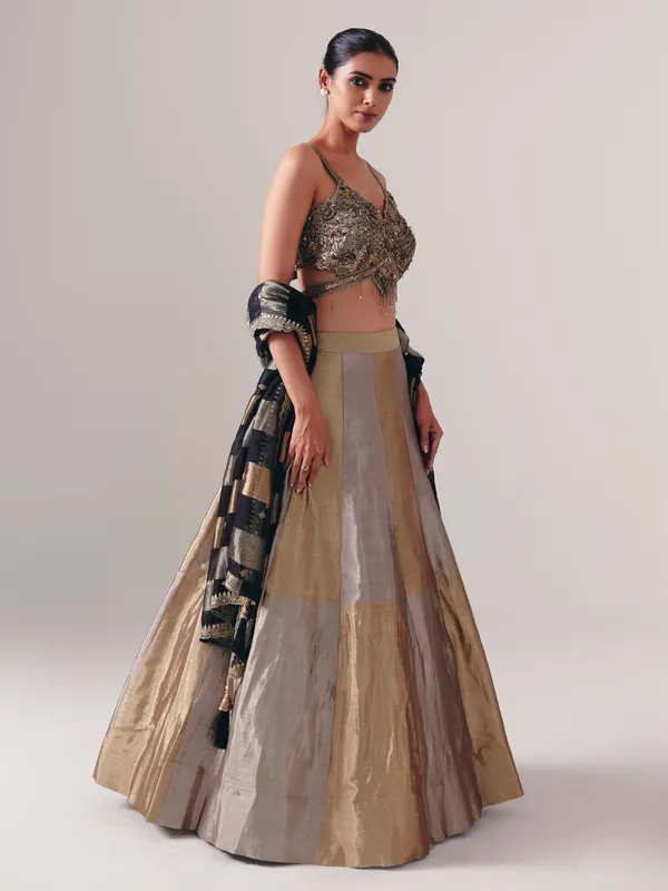 Gold and silver silk designer lehenga choli with dupatta