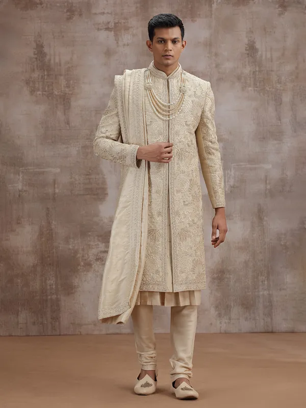 Gold art silk peshwai sherwani with dupatta for wedding
