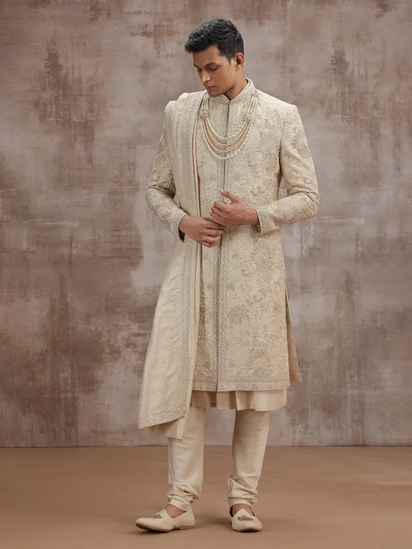 Gold art silk peshwai sherwani with dupatta for wedding