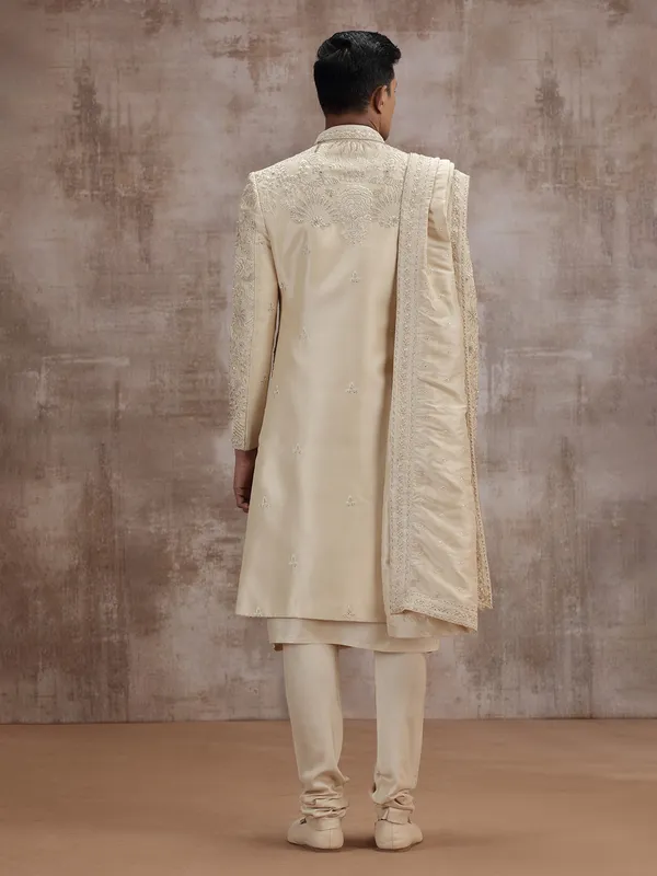 Gold art silk peshwai sherwani with dupatta for wedding