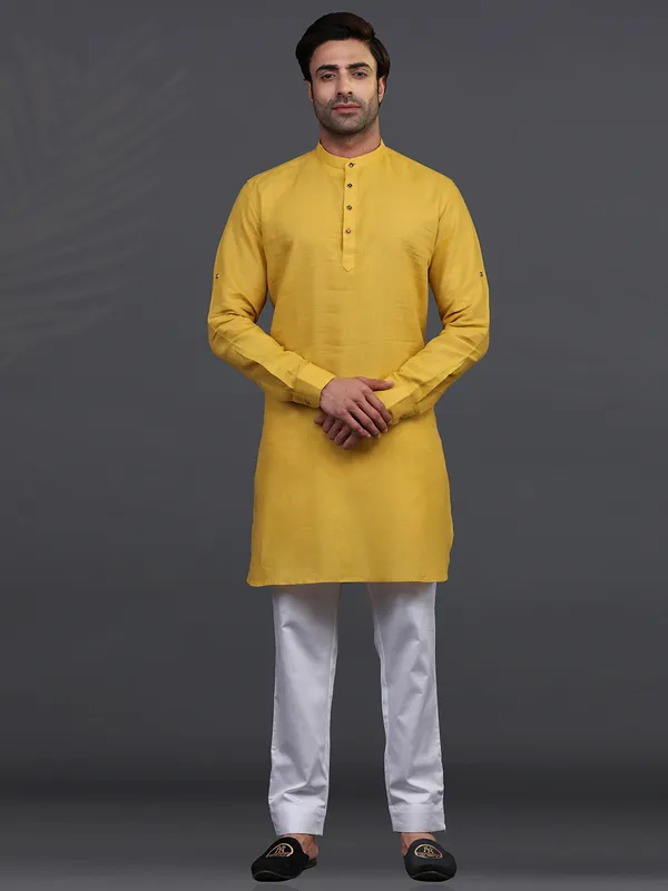 Gold linen half buttoned placket  Men Kurta pajama