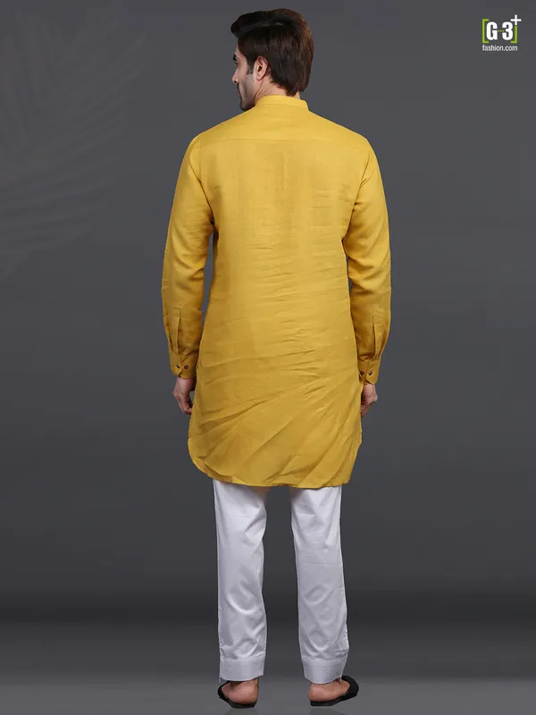 Gold linen half buttoned placket  Men Kurta pajama