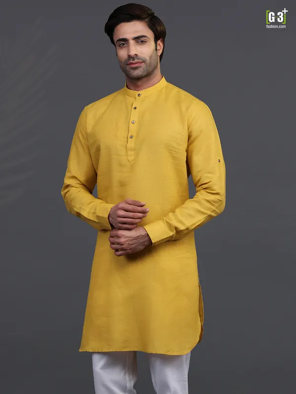 Gold linen half buttoned placket mens kurta