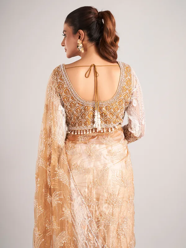 Gold net with stylish designer saree for wedding