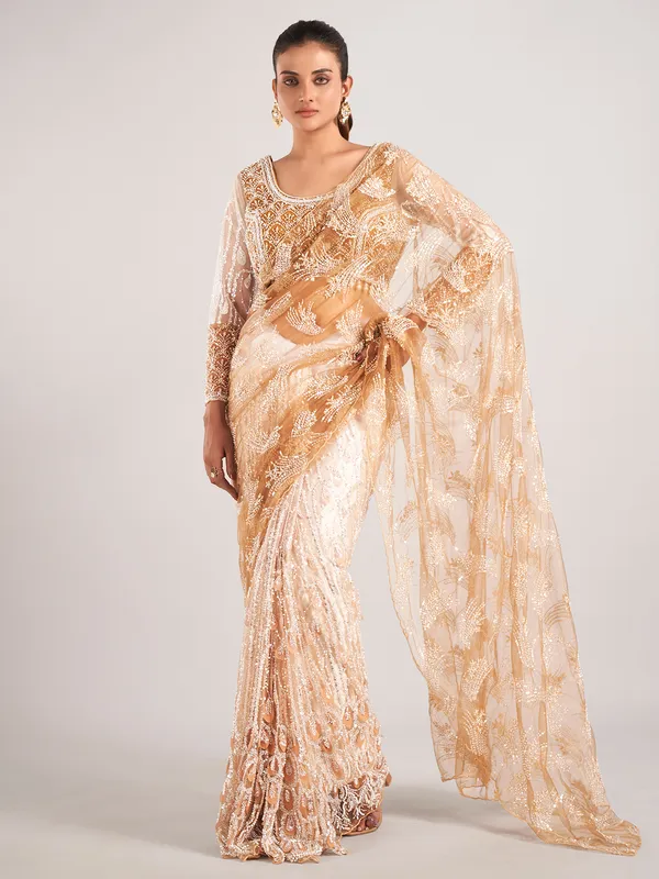Gold net with stylish designer saree for wedding