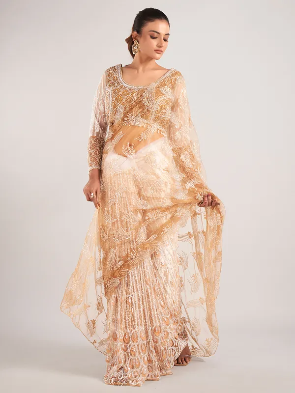 Gold net with stylish designer saree for wedding