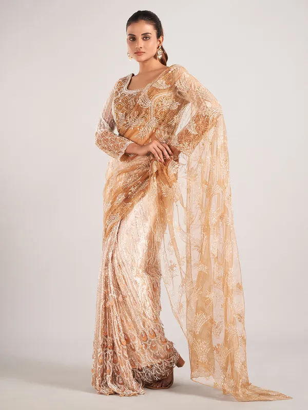 Gold net with stylish designer saree for wedding