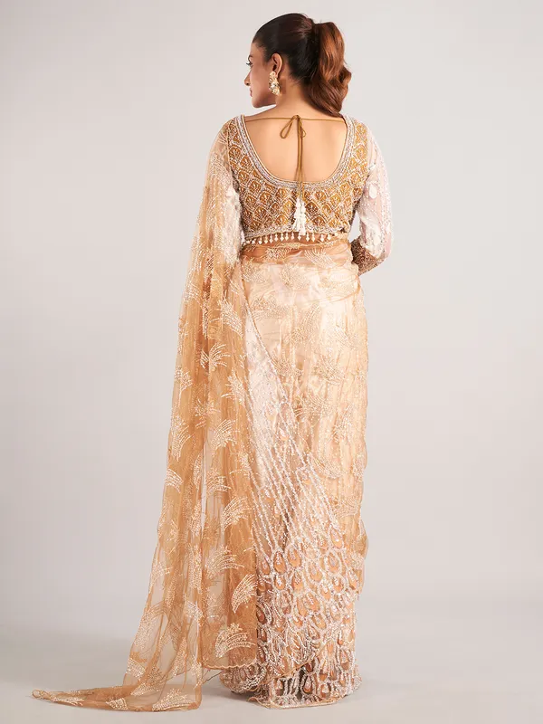Gold net with stylish designer saree for wedding