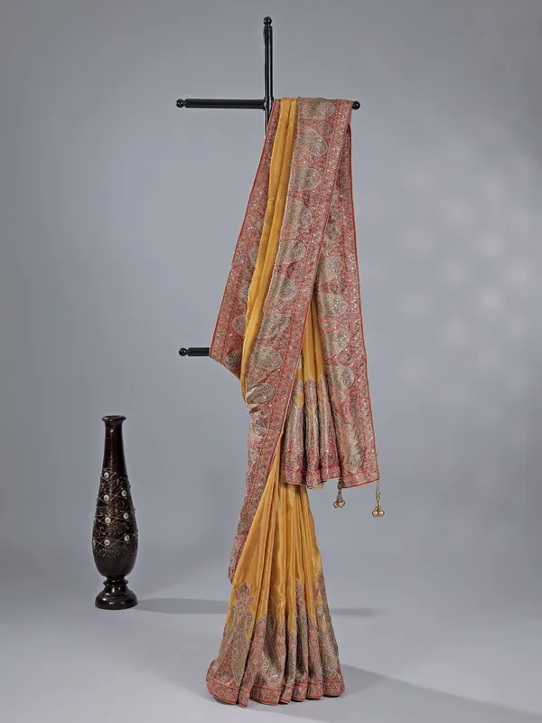 Gold pashmina silk saree for wedding glamour