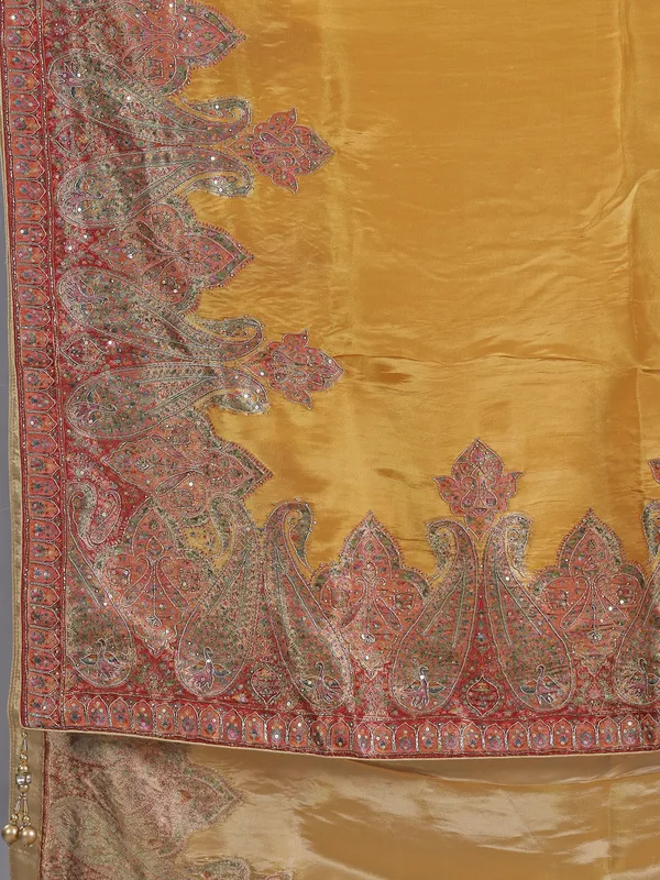 Gold pashmina silk saree for wedding glamour