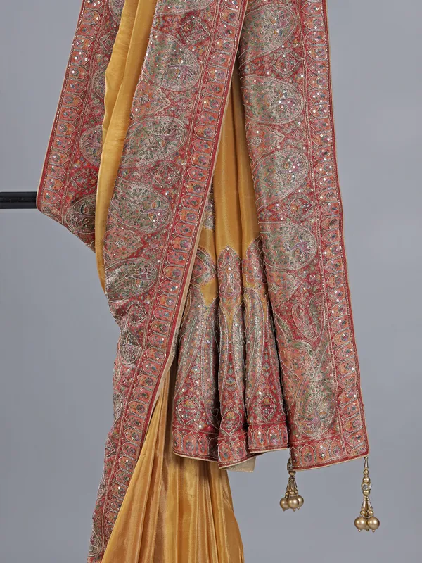 Gold pashmina silk saree for wedding glamour