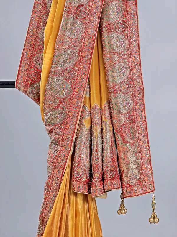 Gold pashmina silk saree for wedding glamour