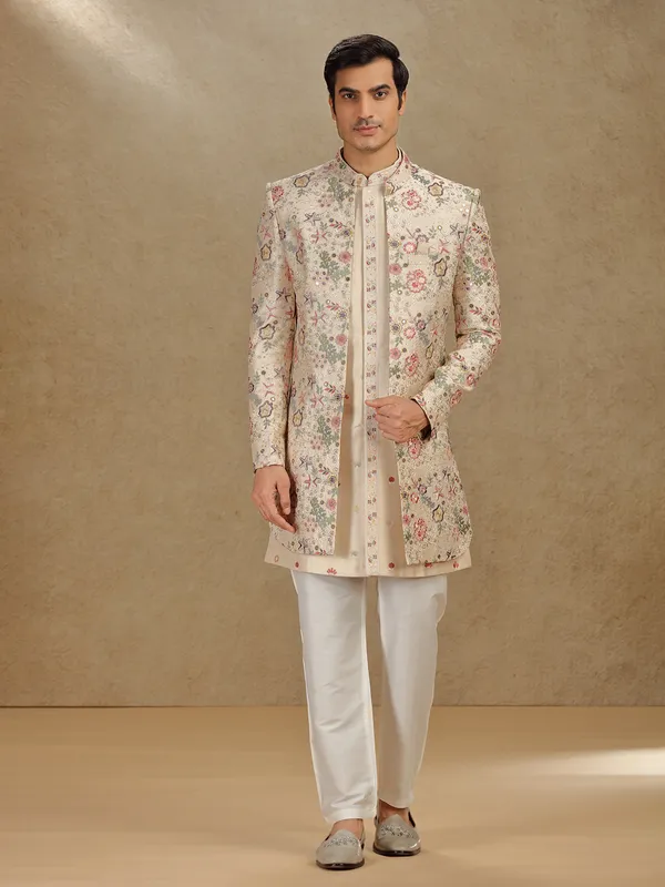Gold raw silk indo western for wedding