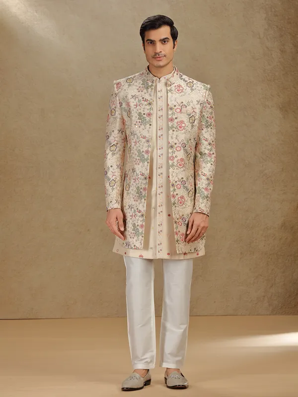 Gold raw silk indo western for wedding