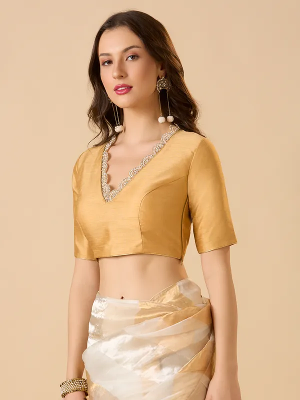 Gold raw silk pearl and stone V neck ready made blouse