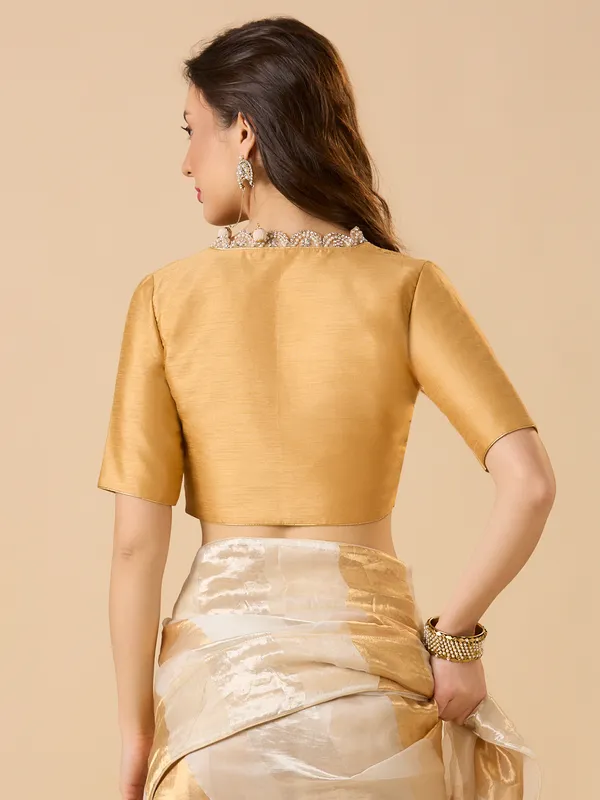 Gold raw silk pearl and stone V neck ready made blouse