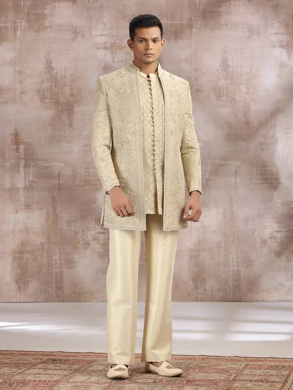 Gold silk indo western set with embroidery work