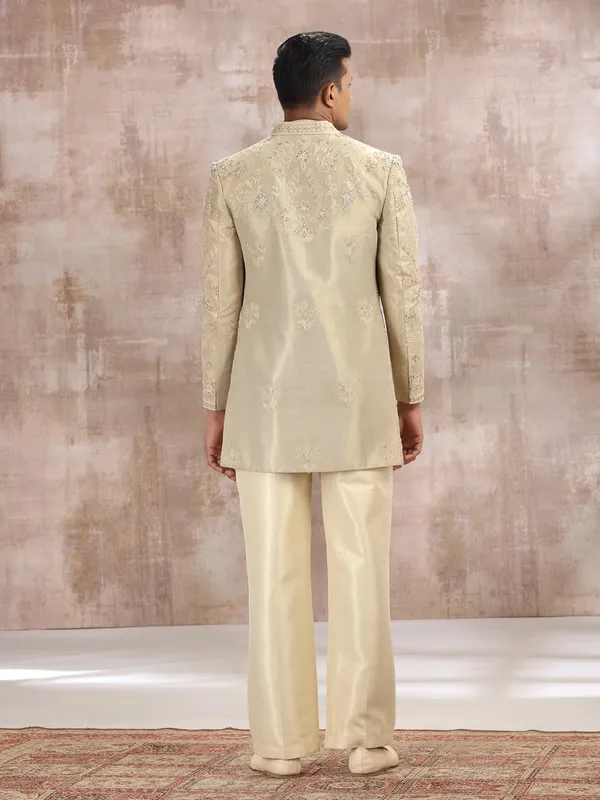 Gold silk indo western set with embroidery work