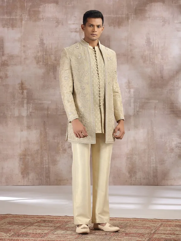 Gold silk indo western set with embroidery work