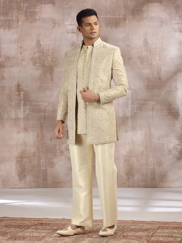 Gold silk indo western set with embroidery work