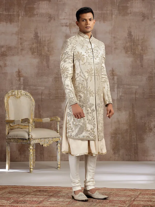 Gold silk peshwai sherwani with classic craftsmanship